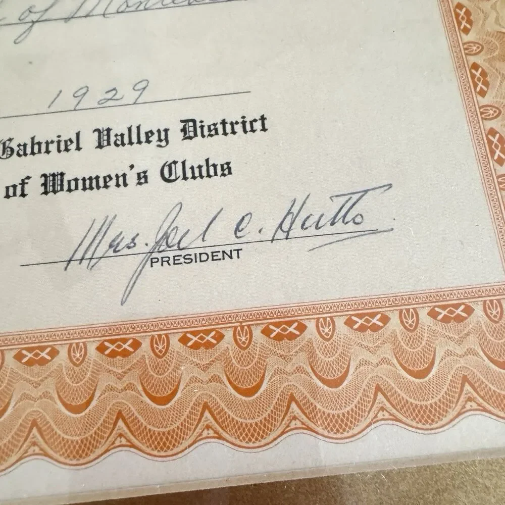 CFWC Certificate Woman's Club Montebello Park Framed Gold Seal Ribbon Vintage